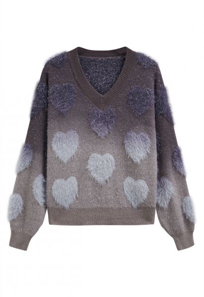 Ombre Fuzzy Heart Fringe Knit Sweater in Smoke