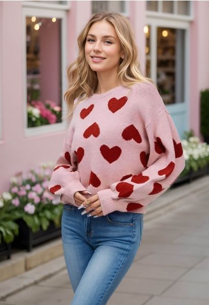 Cherished Heart Puff Sleeves Knit Sweater in Dusty Pink