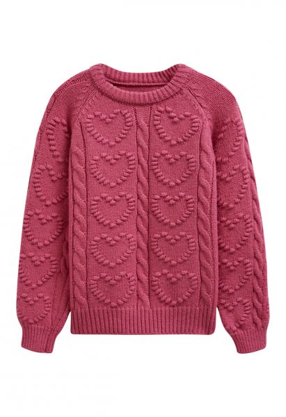 Embossed Heart Cable Knit Sweater in Berry