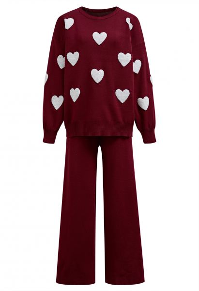 Heart Patch Knit Sweater and Pants Set in Burgundy