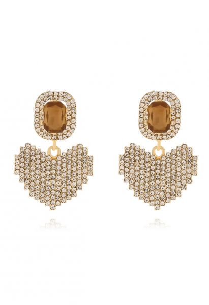 Full Rhinestone Heart Earrings in Amber