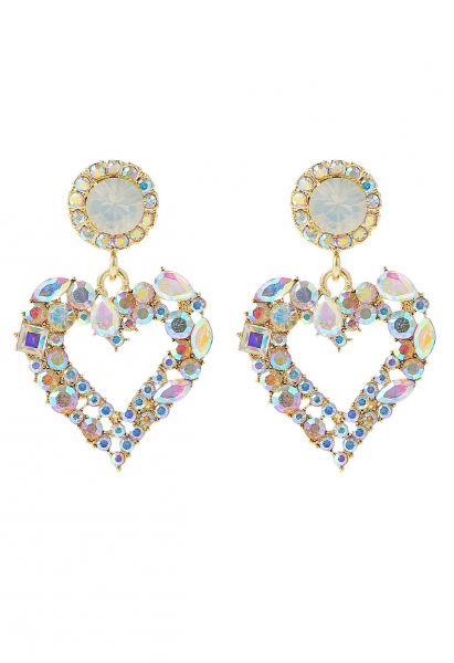 Twinkling Rhinestone Heart Earrings in Gold