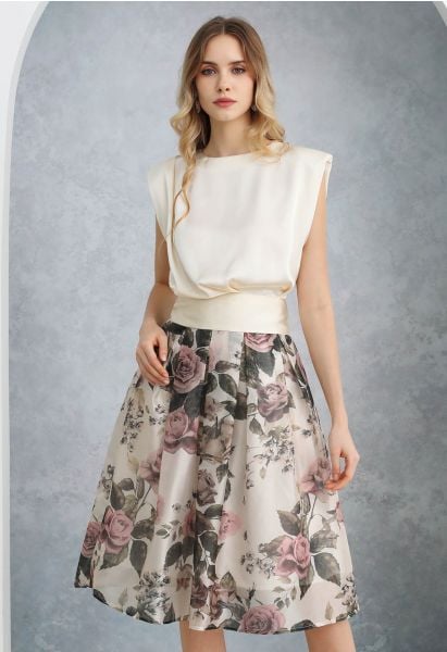 Serene Pink Rose Metallic Organza A-Line Midi Skirt