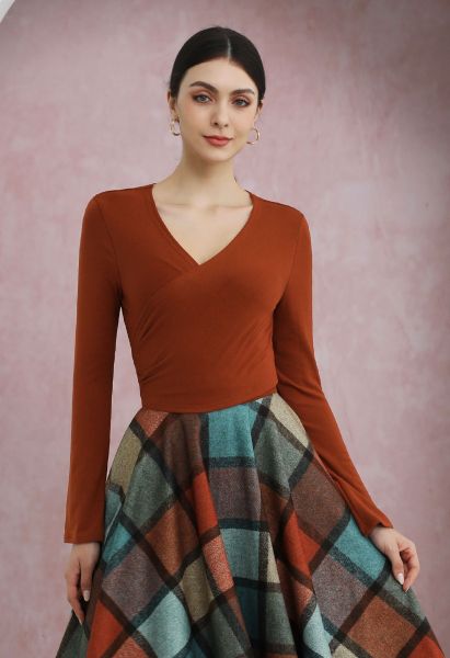 Self-Tie Back Ribbon Wrapped Front Top in Rust Red