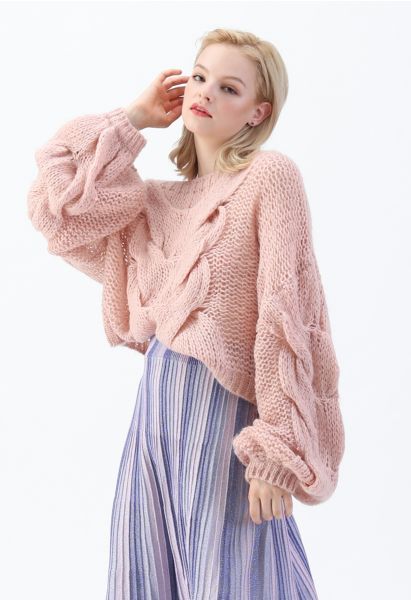手編みパフスリーブセーター　ピンク