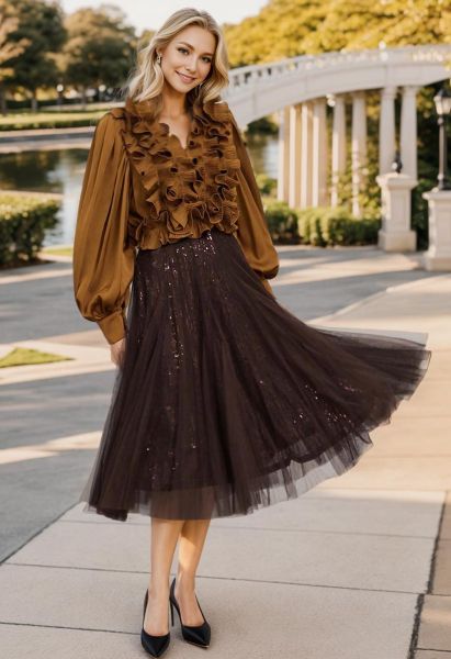 3D Butterfly Double-Layered Mesh Midi Skirt in Tan