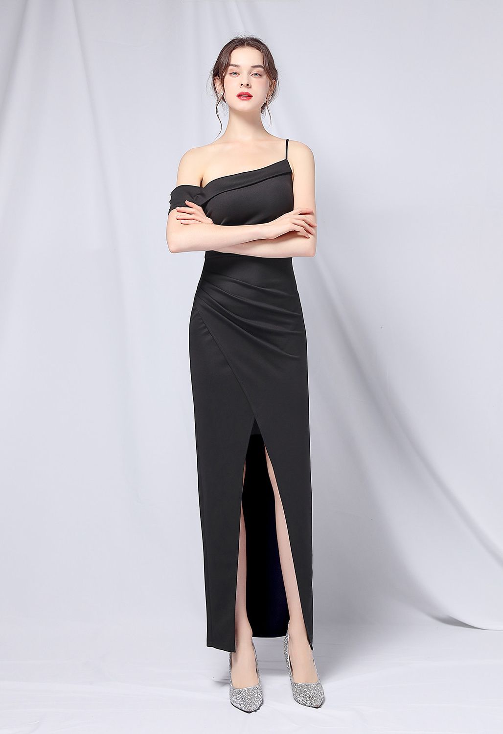 Single Strap Front Slit Gown in Black