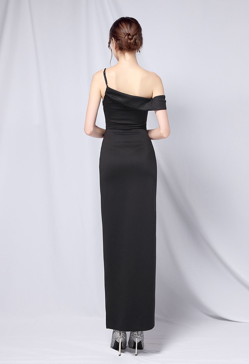 Single Strap Front Slit Gown in Black