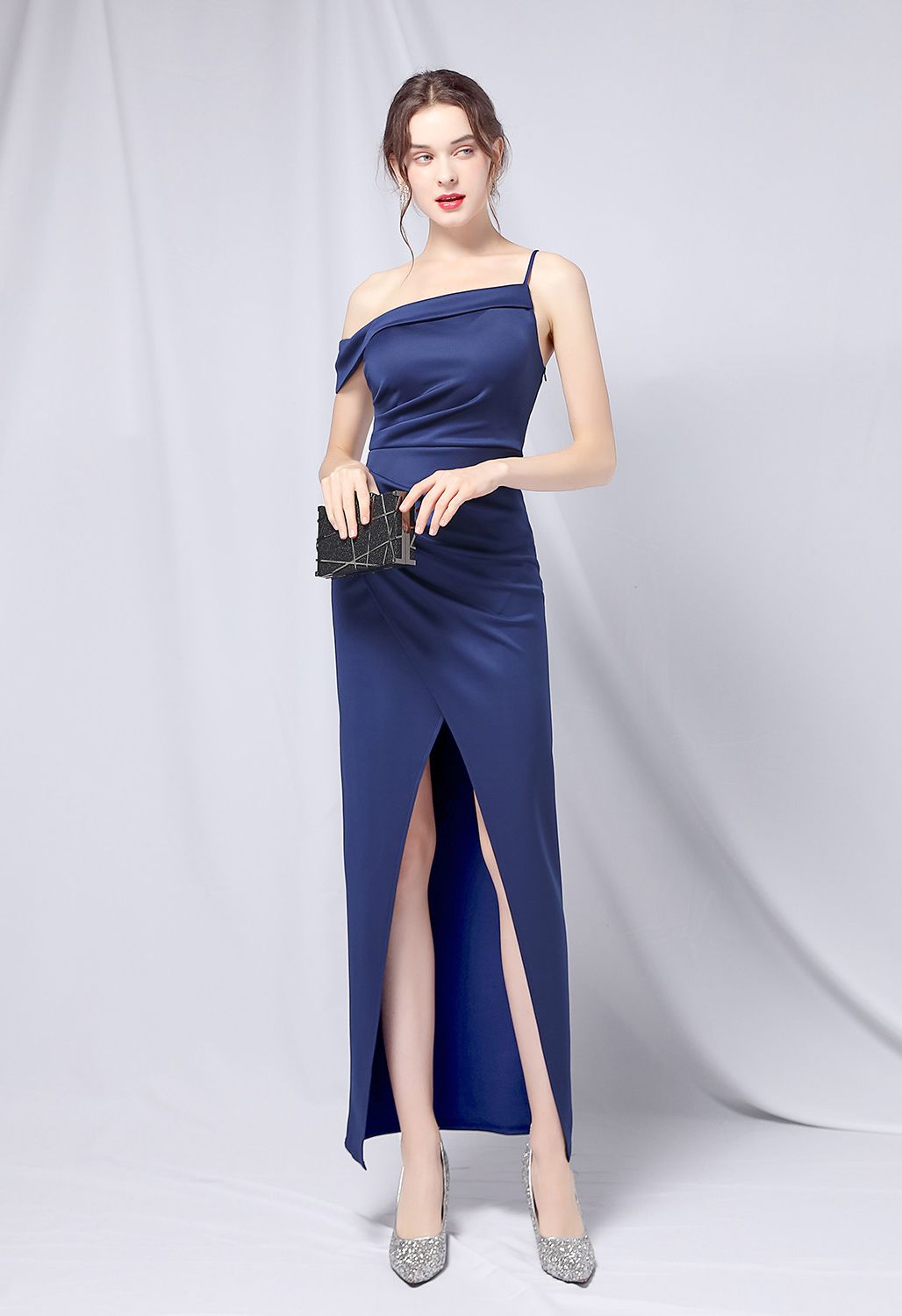 Single Strap Front Slit Gown in Navy