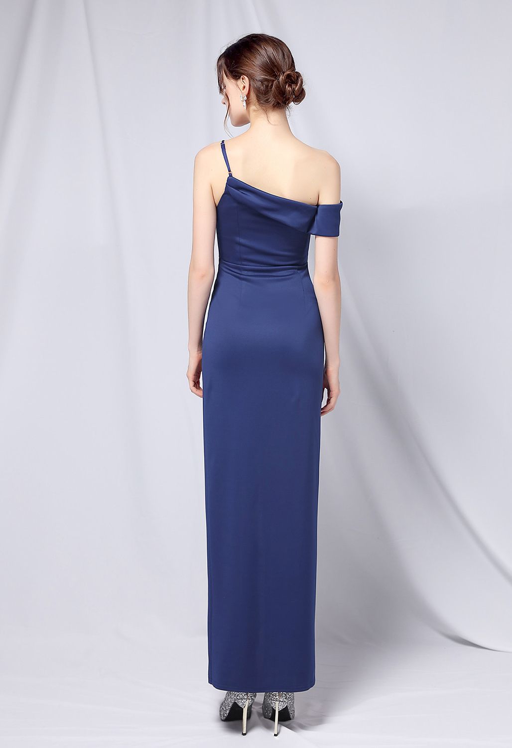 Single Strap Front Slit Gown in Navy