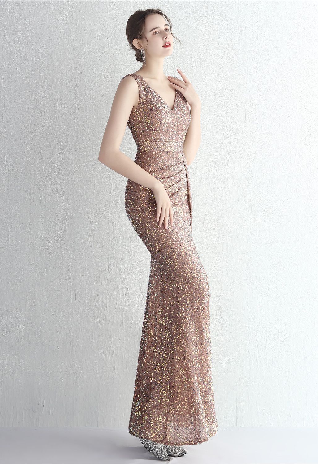 Glittering Sequin V-Neck Slit Gown in Rose Gold - Retro, Indie and