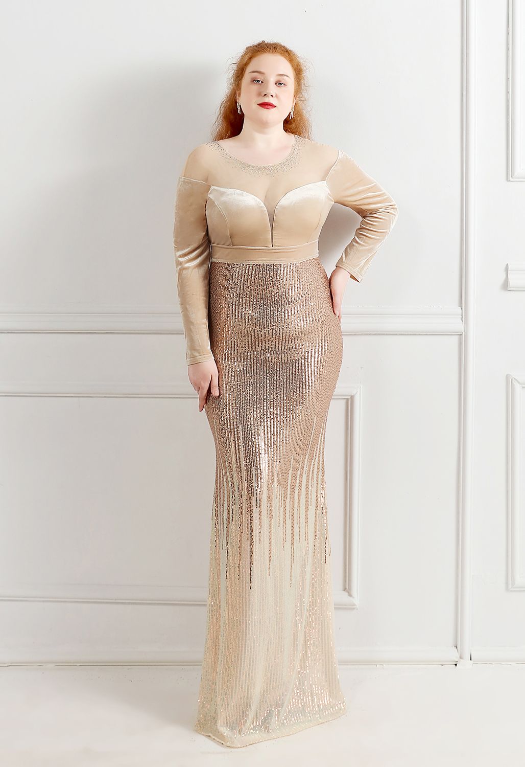 Ombre Sequins Velvet Spliced Gown in Champagne
