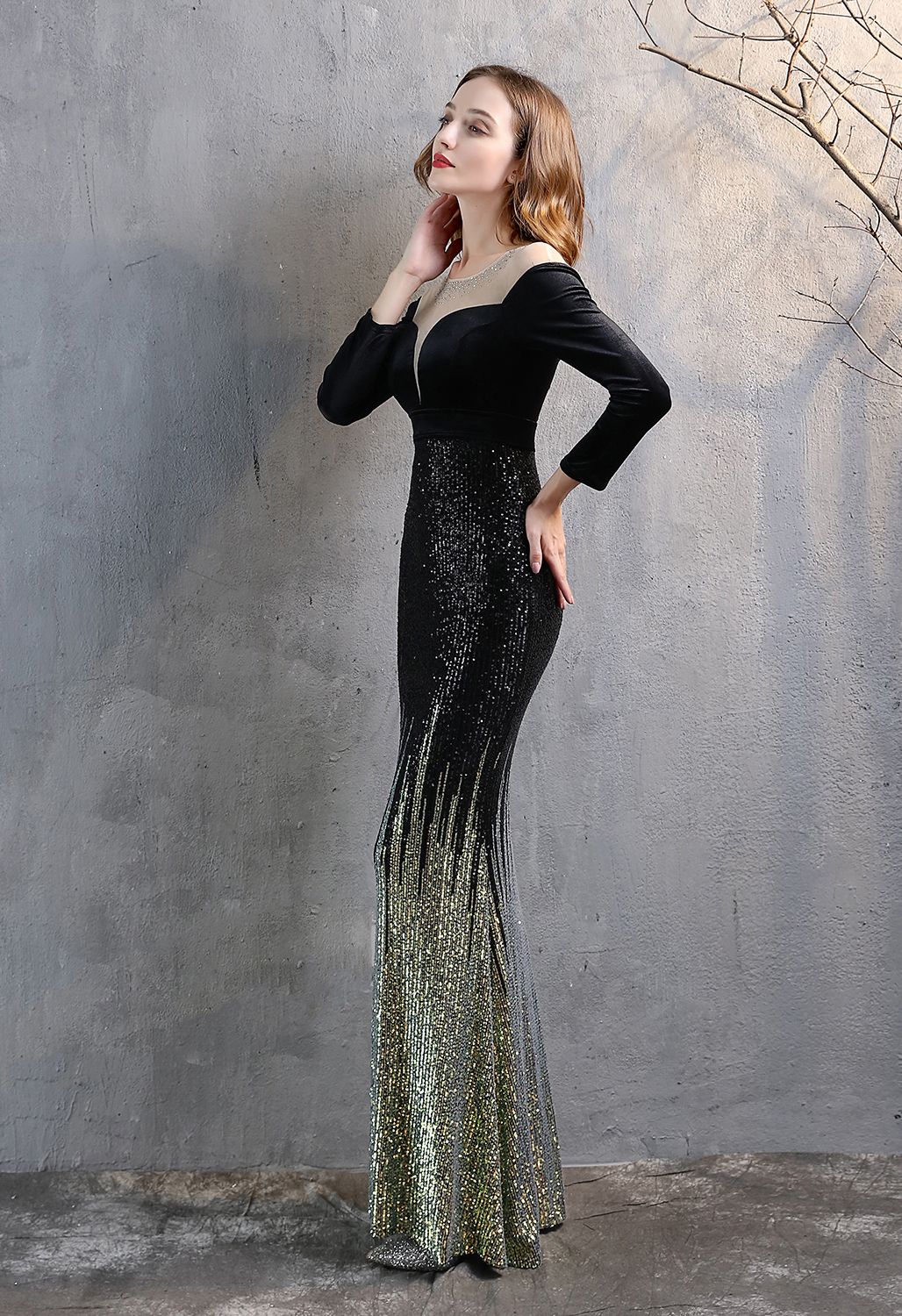 Ombre Sequins Velvet Spliced Gown in Black