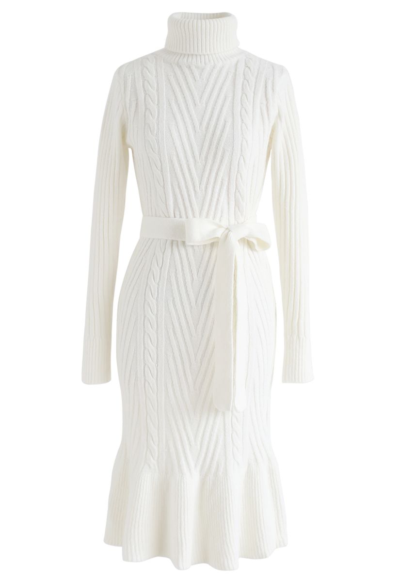 Turtleneck Braid Frilling Knit Dress in White
