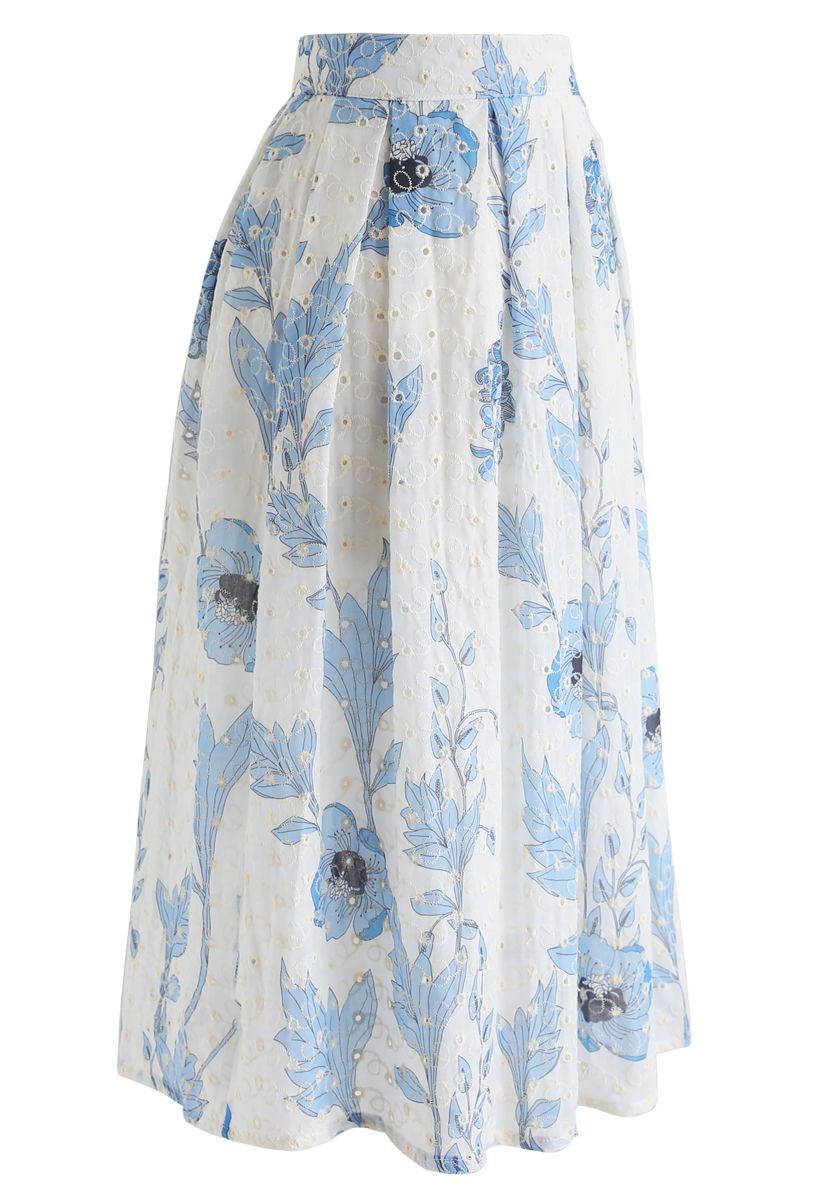 ブルー花柄刺繍スカート