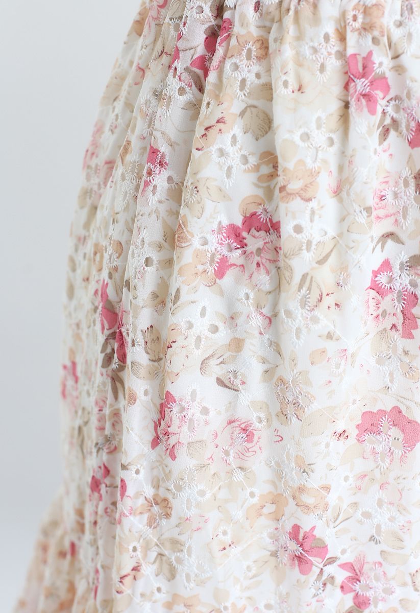花柄ラッフル刺繍シフォンスカート　ピンク