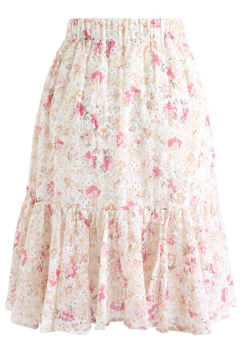 花柄ラッフル刺繍シフォンスカート　ピンク