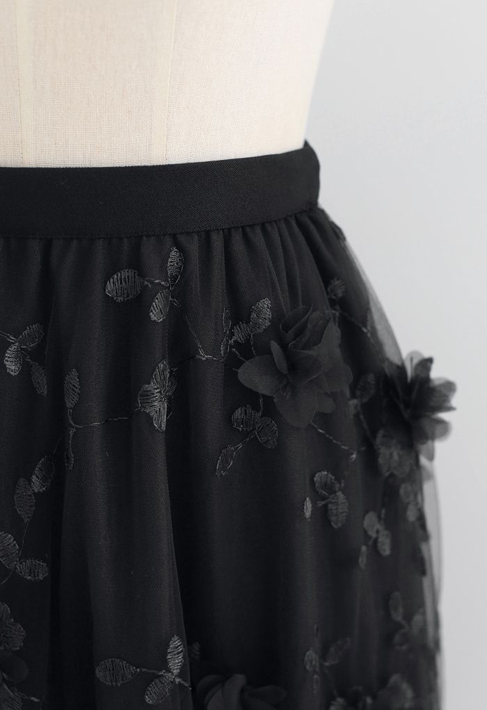 3Dメッシュ刺繍チュールスカート　ブラック