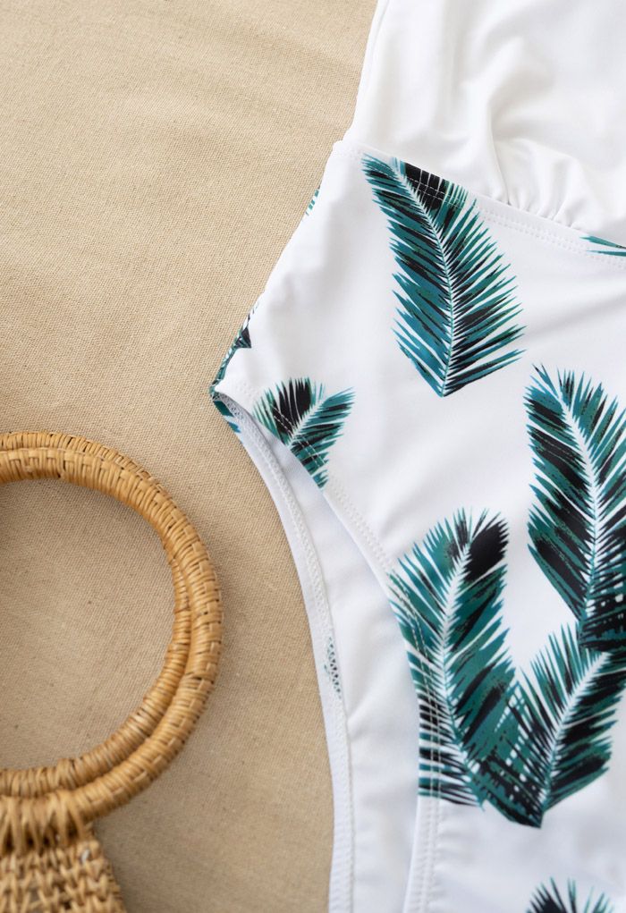 Palm Print Deep V-Neck One-Piece Swimsuit