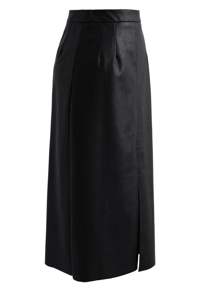 ベント裾フェイクレザースカート　ブラック