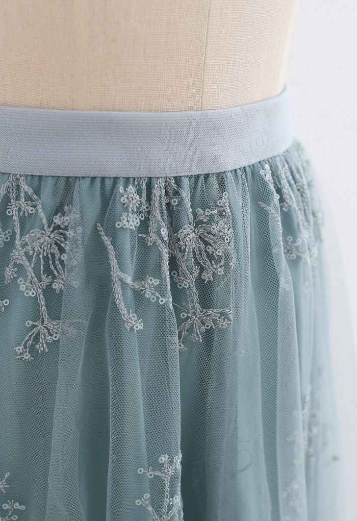 シークイン付き花柄刺繍メッシュスカート　ターコイズグリーン