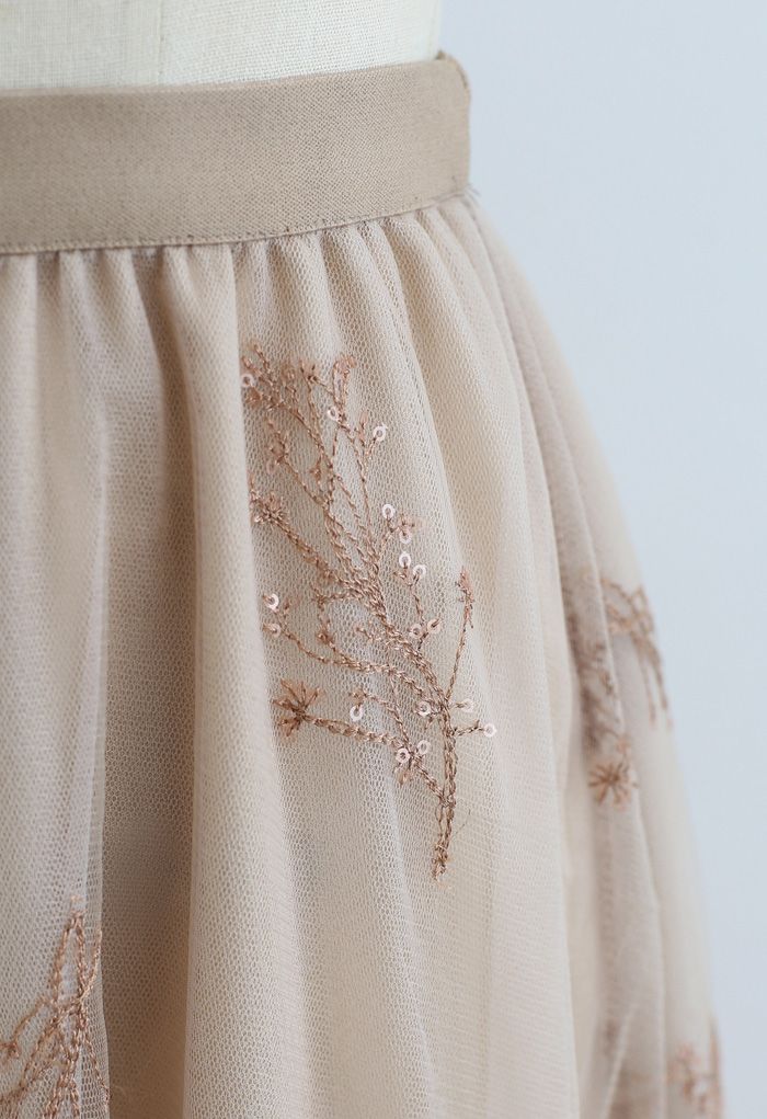 シークイン付き花柄刺繍メッシュスカート　ベージュ