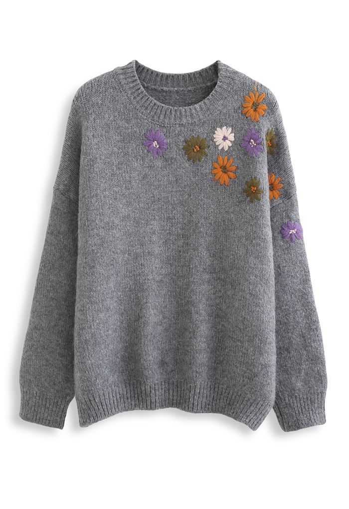 クルーネック花柄刺繡セーター　グレー
