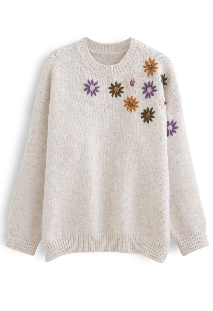 クルーネック花柄刺繡セーター　アイボリー