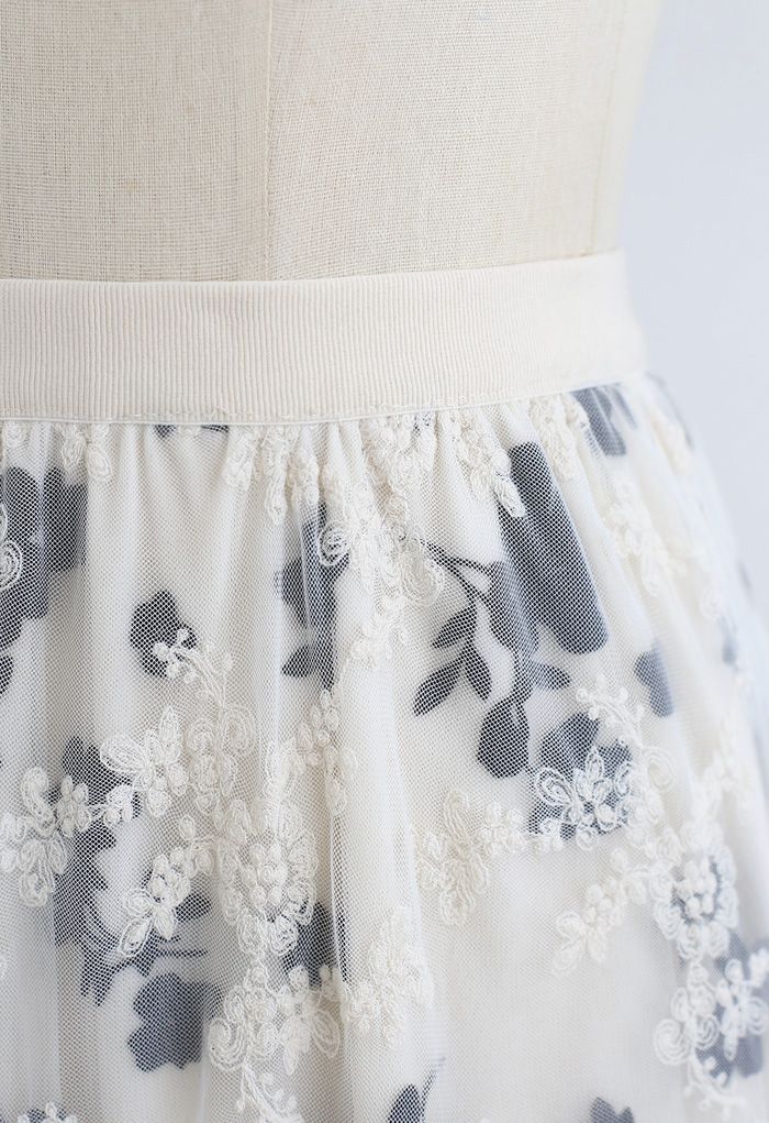 3D花柄刺繍ダブルレイヤードメッシュマキシスカート