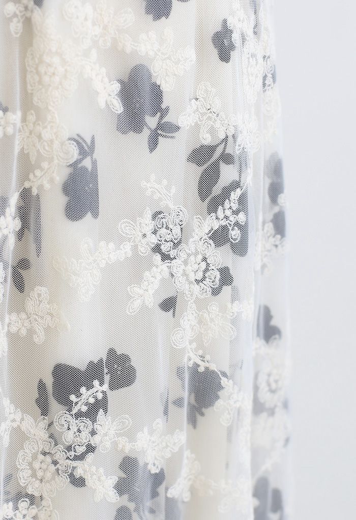 3D花柄刺繍ダブルレイヤードメッシュマキシスカート