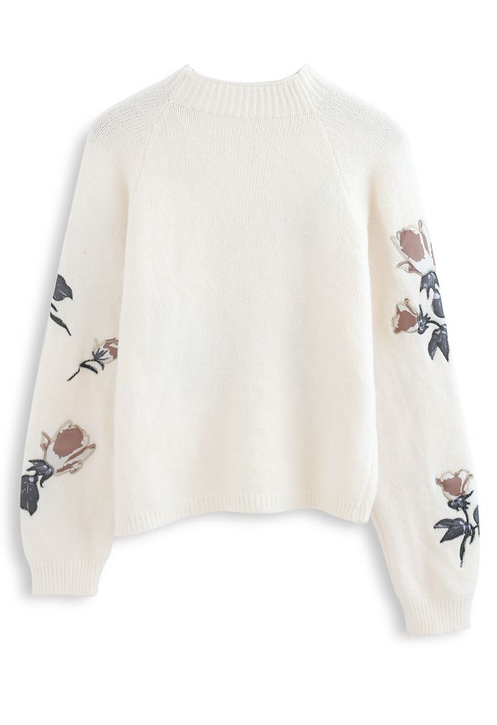 花柄刺繡セーター　アイボリー