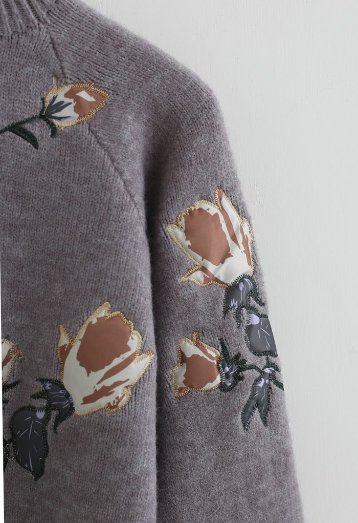 花柄刺繡セーター　グレー