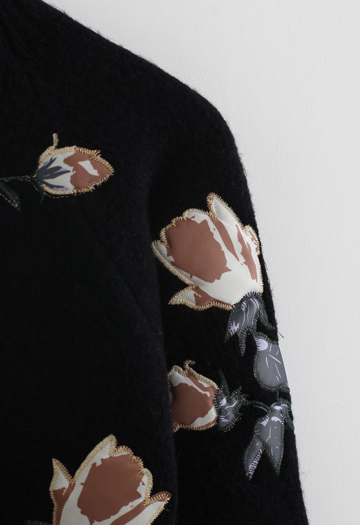 花柄刺繡セーター　ブラック