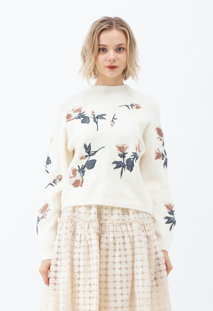 花柄刺繡セーター　アイボリー