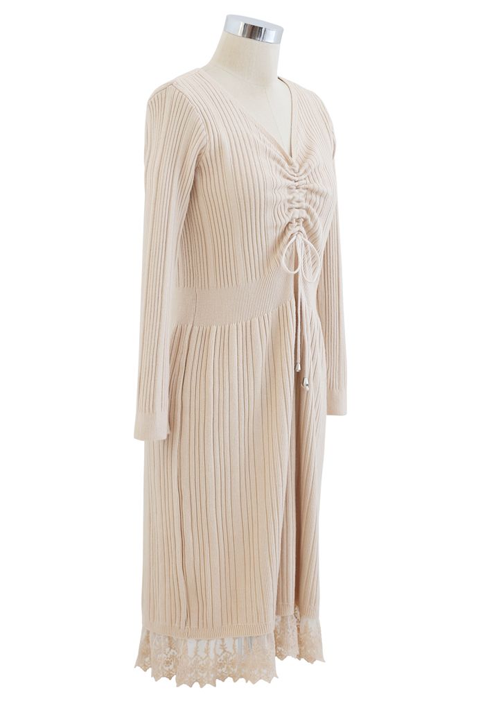 Lace Hem V-Neck Drawstring Rib Knit Dress in Cream