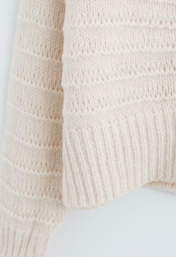 V-Neck Button Down Fuzzy Knit Cardigan in Cream