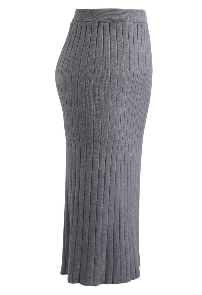 Ribbed Knit Split Back Pencil Skirt in Grey