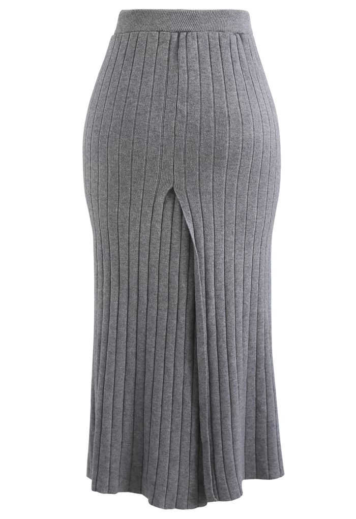 Ribbed Knit Split Back Pencil Skirt in Grey