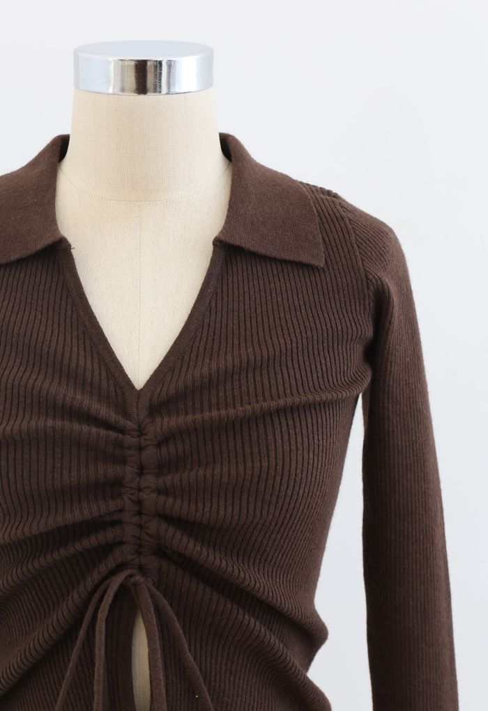 Drawstring Collared Fitted Knit Top in Brown