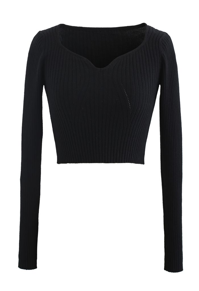 Square Neck Crop Fitted Rib Knit Top in Black