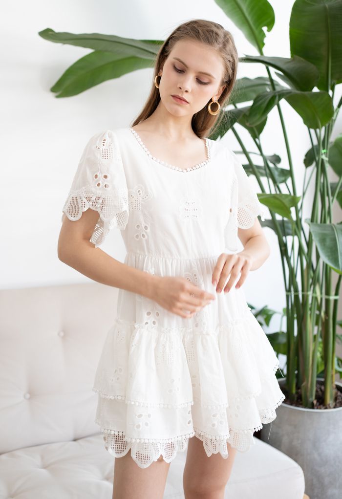 Sweetheart Neck Embroidered Eyelet Cotton Dress