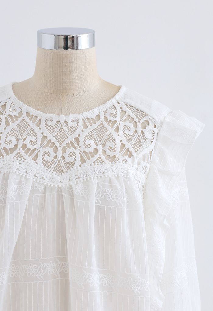 Crochet Inserted Embroidered Ruffle Sheer Top in White
