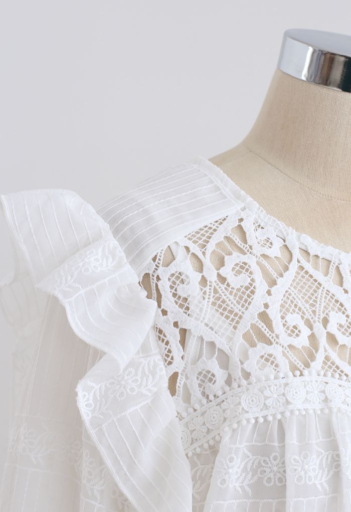 Crochet Inserted Embroidered Ruffle Sheer Top in White