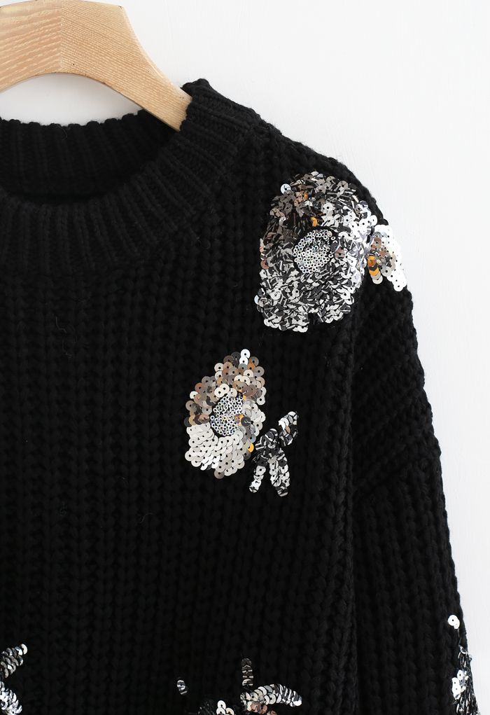 スパンコール花柄リブ編みセーター　ブラック