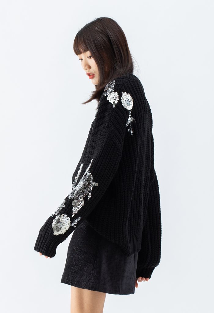 スパンコール花柄リブ編みセーター　ブラック