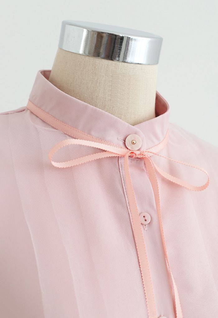 リボンネクタイメッシュネックサテンシャツ　ピンク