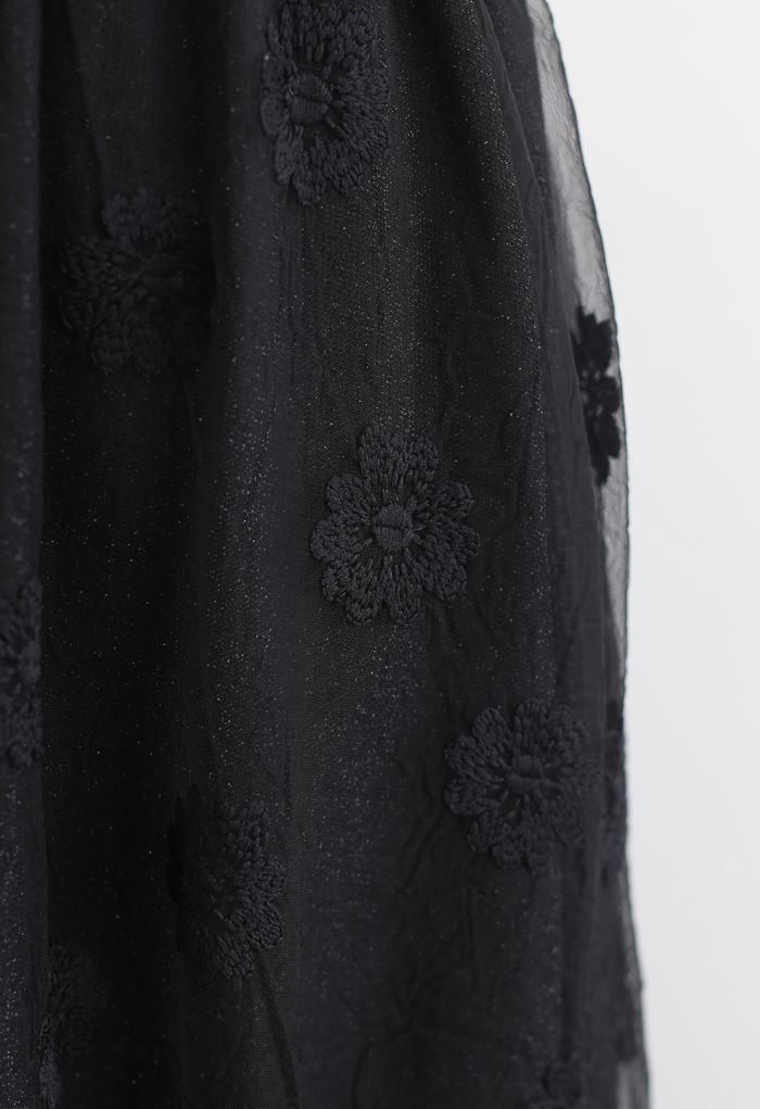 フラワー刺繍オーガンジーラッフルスカート ブラック