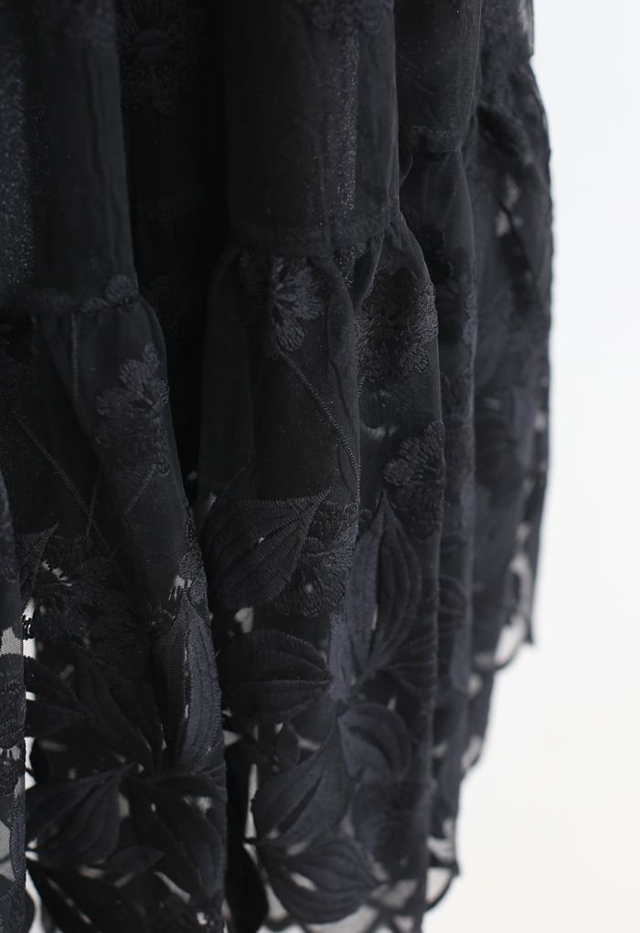 フラワー刺繍オーガンジーラッフルスカート ブラック