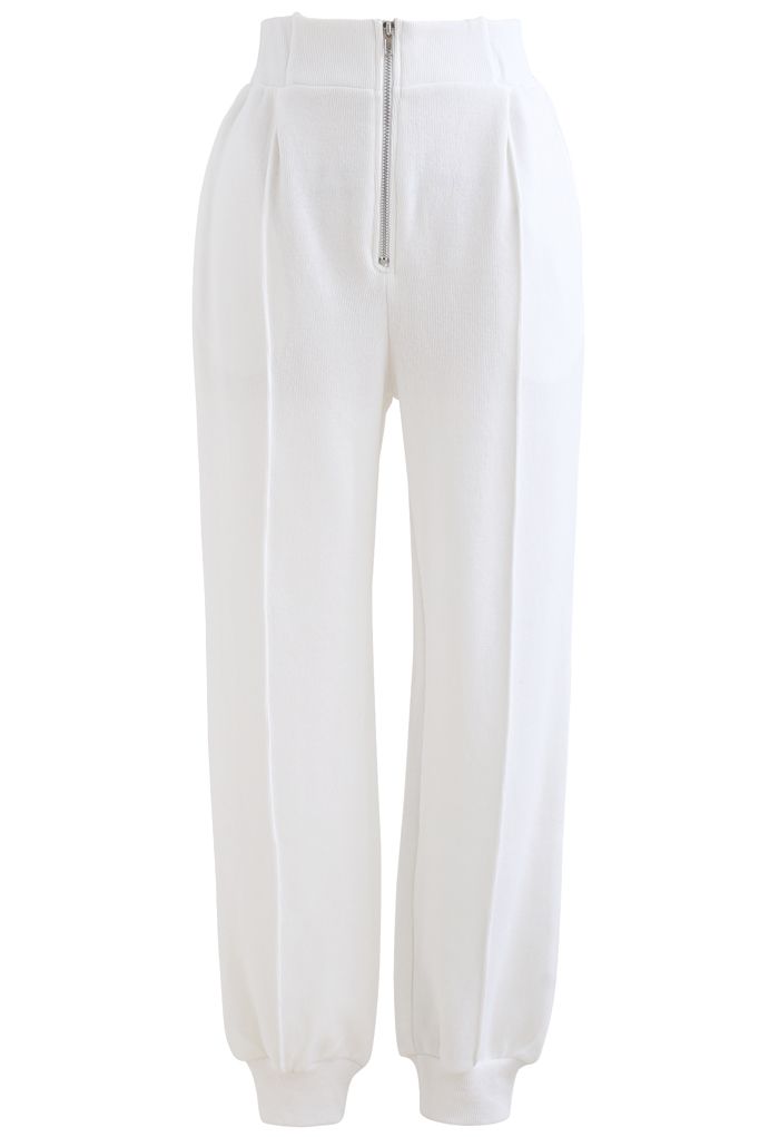 Zip Front Side Pocket Joggers in White