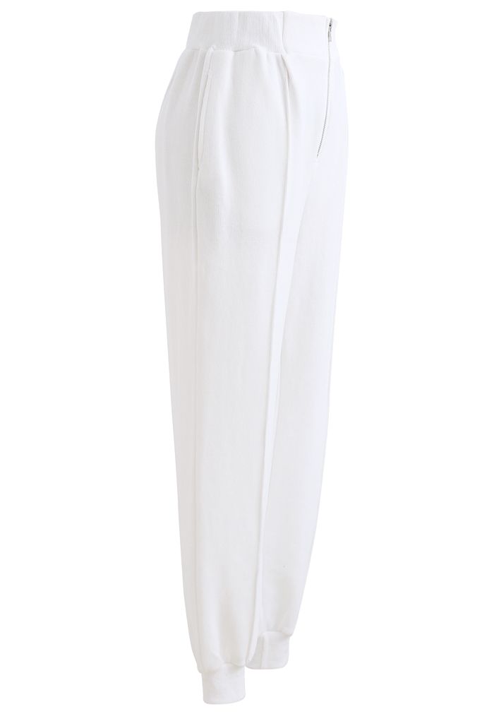 Zip Front Side Pocket Joggers in White